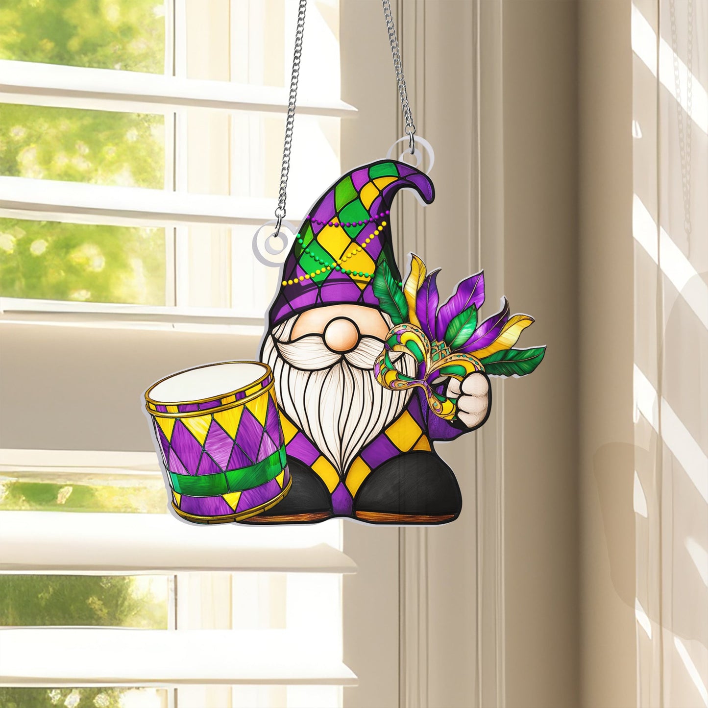 Mardi Gras Gnome Suncatcher, Fat Tuesday Carnival Parade Acrylic Hanging Sign TQN4678AS