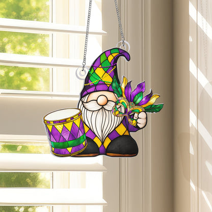 Mardi Gras Gnome Suncatcher, Fat Tuesday Carnival Parade Acrylic Hanging Sign TQN4678AS
