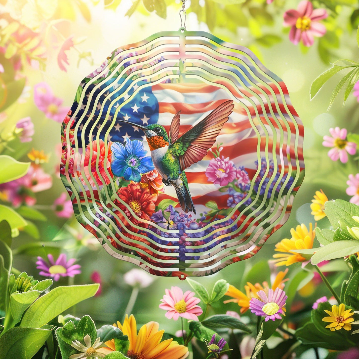 Hummingbird Flower With USA Flag Wind Spinner VTM1065HVN