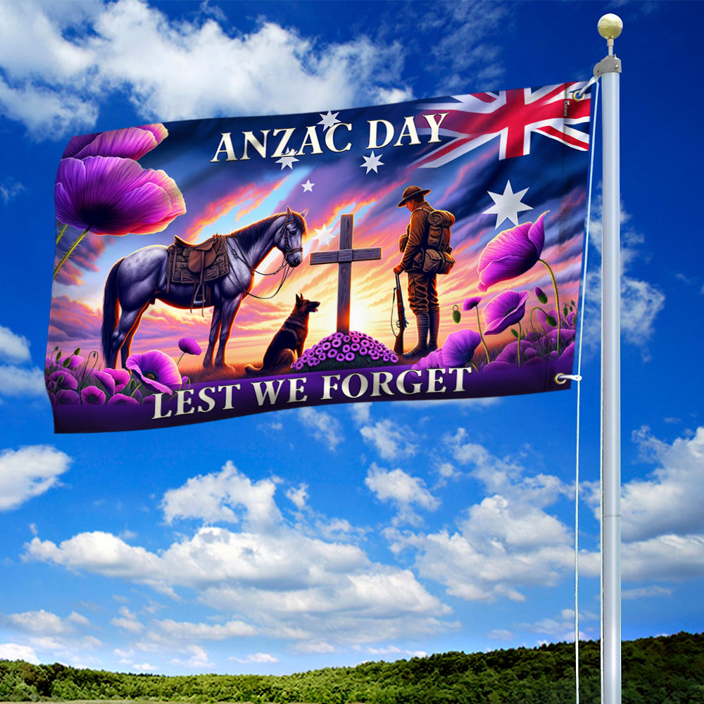 Anzac Day Australia Animals in War Purple Poppy Grommet Flag TQN2510GF