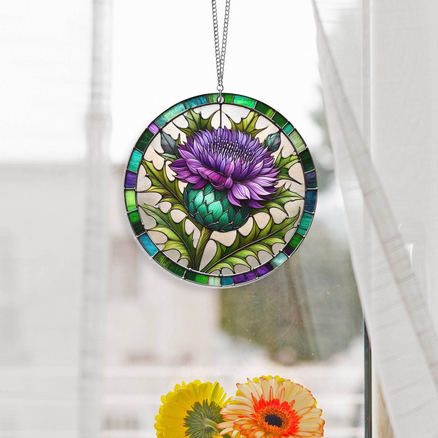 Purple Thistles Flower Suncatcher Acrylic Hanging Sign TQN4663AS