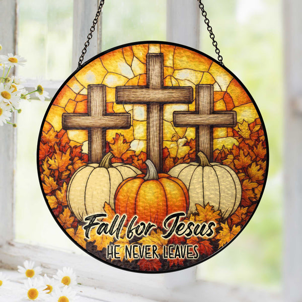 Fall for Jesus He Never Leaves Cross Pumpkin Autumn Stained Glass Suncatcher TQN5695TTH