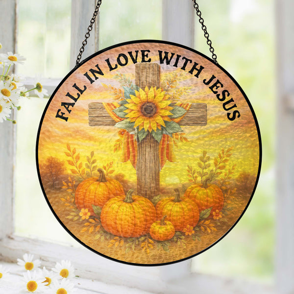 Fall In Love With Jesus Cross Pumpkin Autumn Stained Glass Suncatcher VTM1624TDH