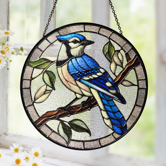 Blue Jay Birdwatching Stained Glass Suncatcher TQN5087TTH
