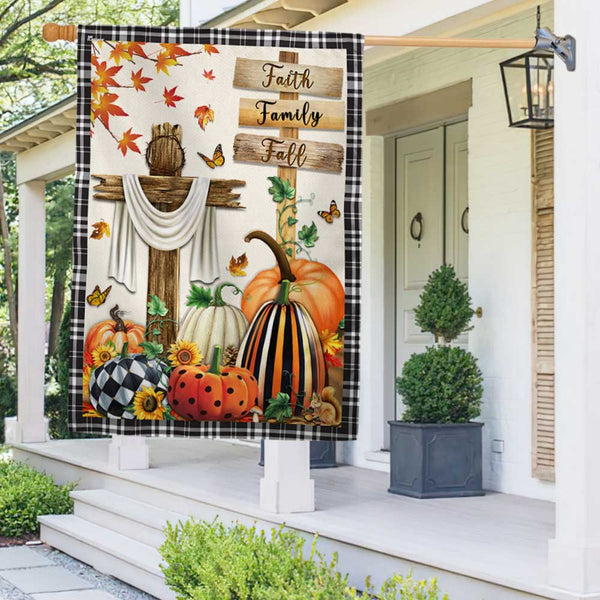 Fall Flag Faith, Family, Fall Christian Cross Pumpkins Thanksgiving Flag TPT352Fv1