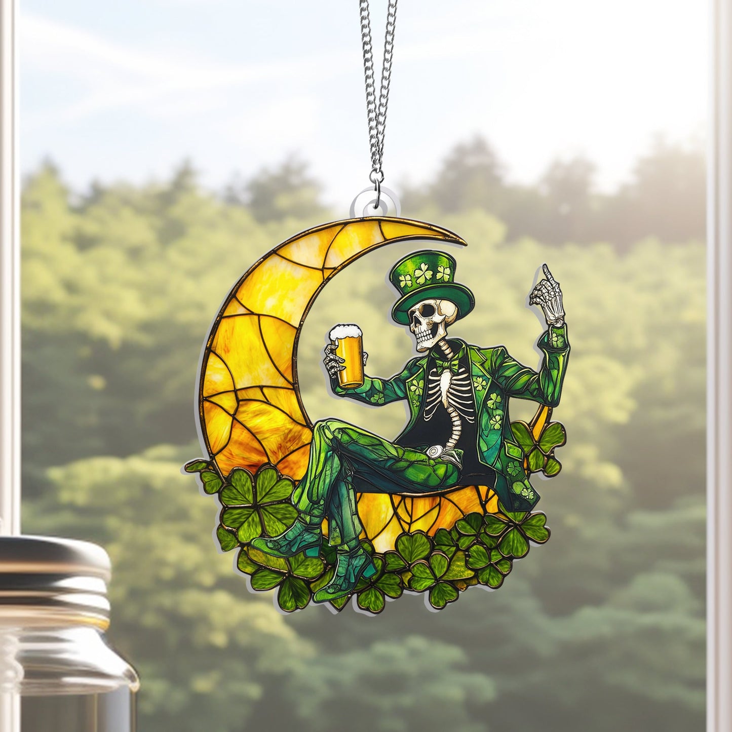 St Patrick's Day Skeleton On Moon Suncatcher Acrylic Hanging Sign VTM948AS