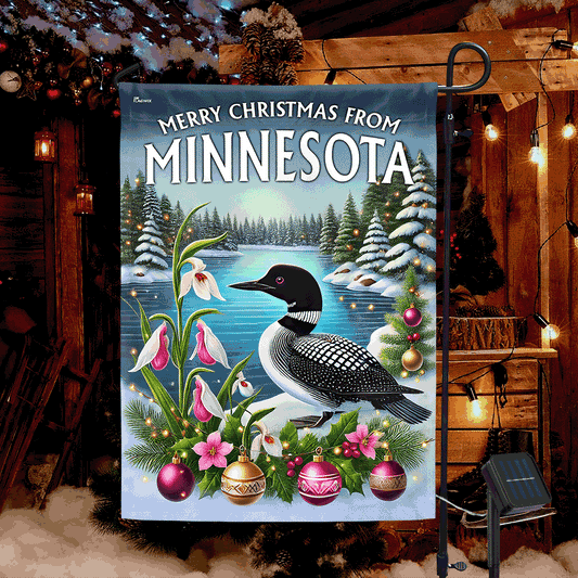 Minnesota Christmas Common Loon and Lady's Slipper Solar LED Garden Flag MLN4275SF