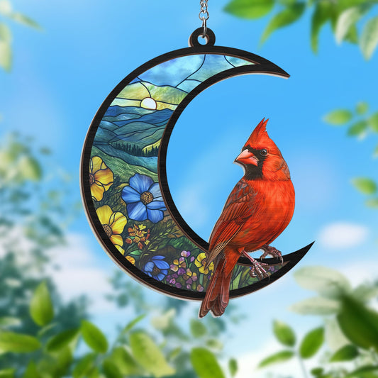 Cardinal On The Crescent Moon 2 Layered Hanging Suncatcher TQN349WH