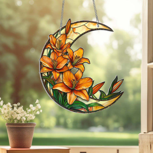 Lily Flower Acrylic Suncatcher, Crescent Moon with Lilies Suncatcher Window Hangings MLN5491HVN