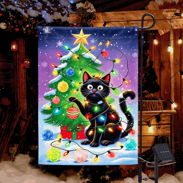 Funny Black Cat Christmas Tree Solar LED Garden Flag TQN4171SF