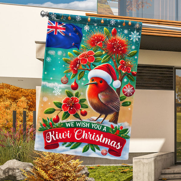 New Zealand Christmas Pohutukawa Tree and Kiwi Bird Flag MLN4332F