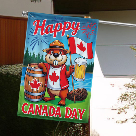 Canada Day Funny Beaver Drinking Beer Flag MLN6174TTH