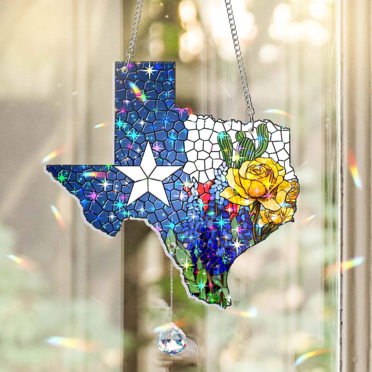 Texas Bluebonnet and Yellow Rose of Texas Hologram Window Hanging TPT2758TNB