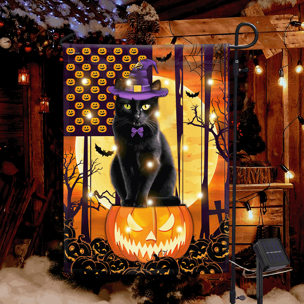 Black Cat Halloween Solar LED Garden Flag - Fall Flag