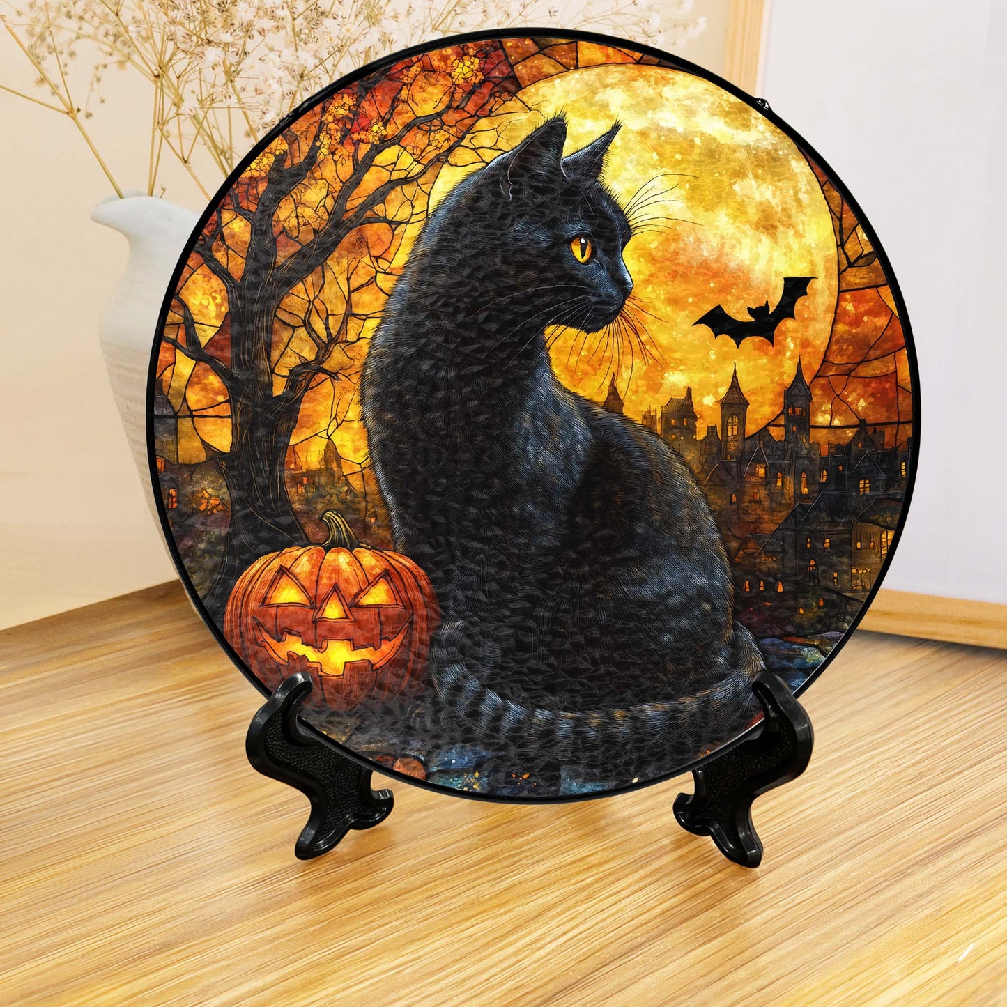Black Cat Halloween Pumpkins Stained Glass Suncatcher MLN6311NGT