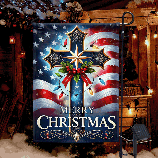 Christian Cross Merry Christmas Solar LED Garden Flag MLN4548SF
