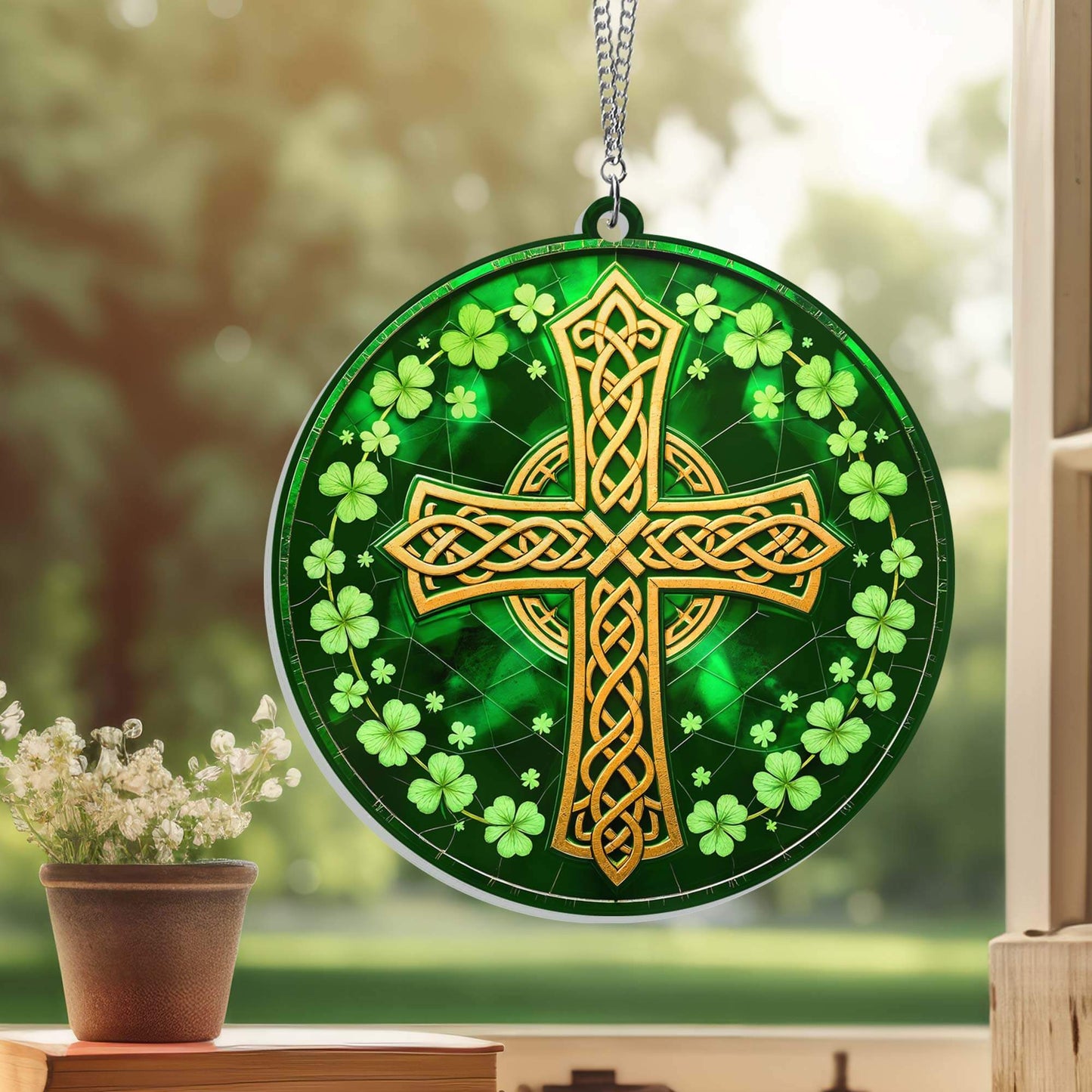 Irish Celtic Cross Shamrock St. Patrick's Day Acrylic Suncatcher Hanging Sign MLN5030AS