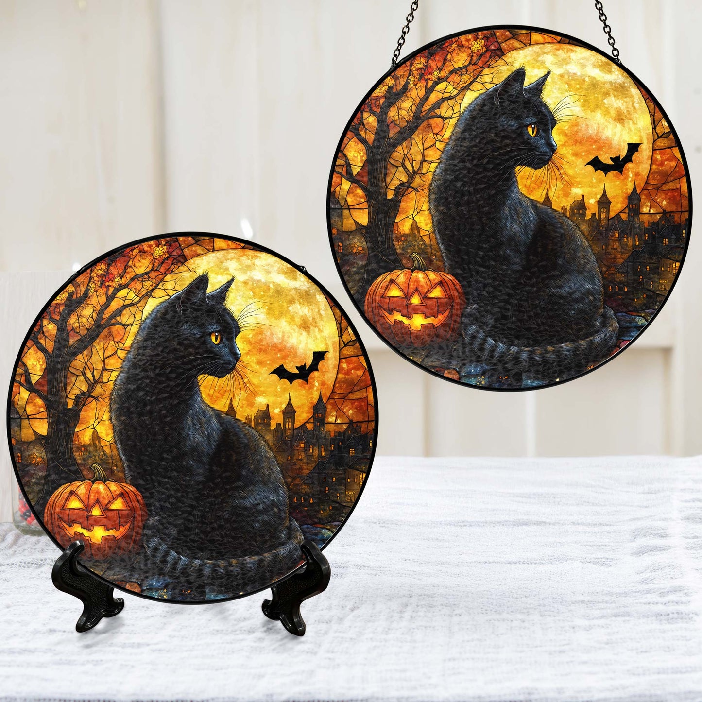 Black Cat Halloween Pumpkins Stained Glass Suncatcher MLN6311NGT