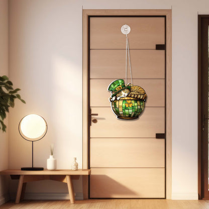 St. Patrick's Day Cat in Lucky Clover Pot Suncatcher Acrylic Hanging Sign MLN4770AS