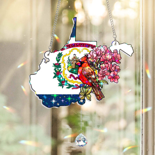 West Virginia Cardinal and Rhododendron Flower  Hologram Window Hanging TPT2760TNB
