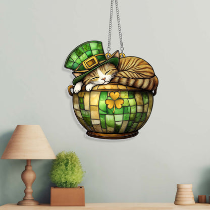 St. Patrick's Day Cat in Lucky Clover Pot Suncatcher Acrylic Hanging Sign MLN4770AS