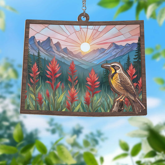 Wyoming Meadowlark Bird and Indian Paintbrush Flower 2 Layered Hanging Suncatcher TPT2163WHv2