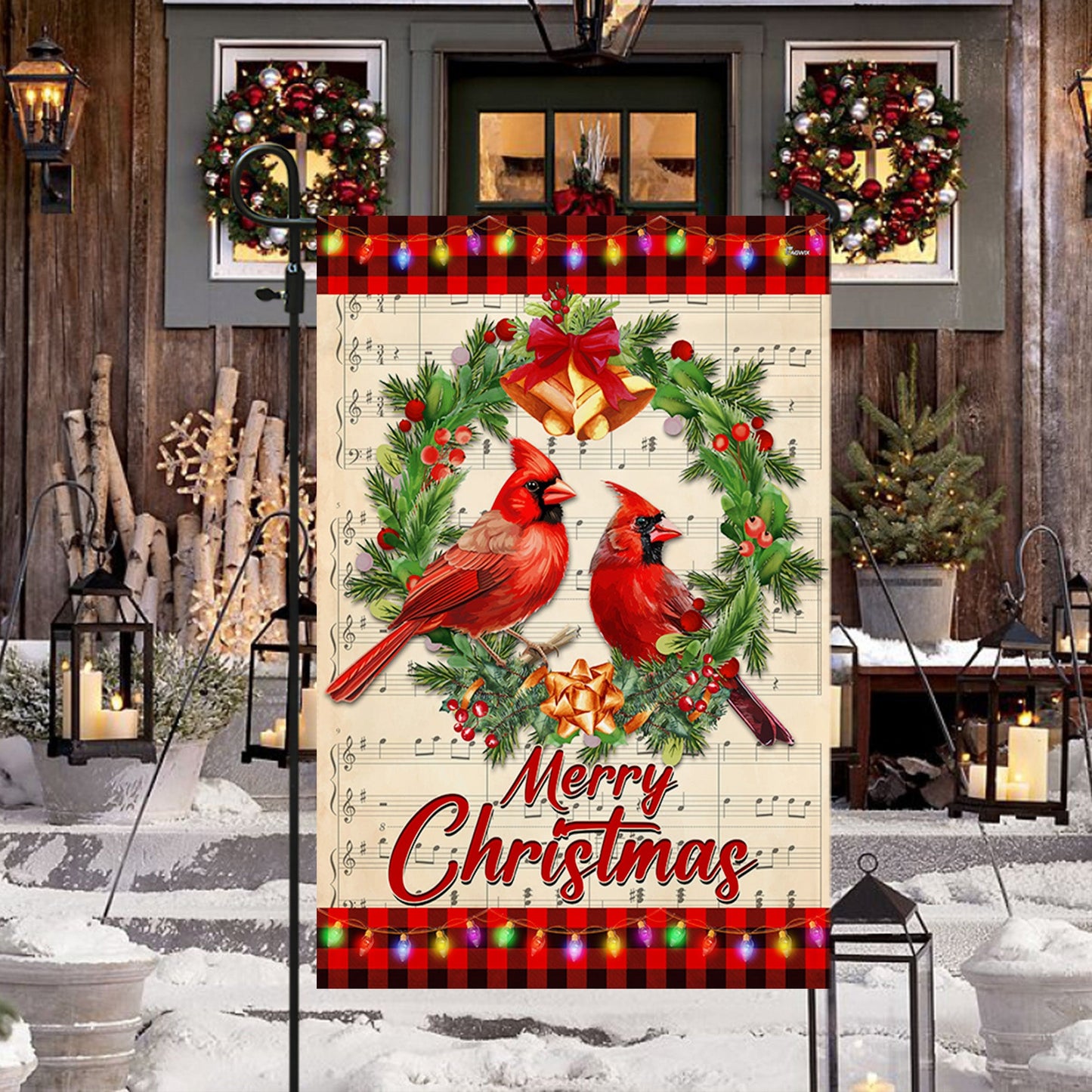 Cardinal Merry Christmas Cardinals in Wreath Flag MLN4099F