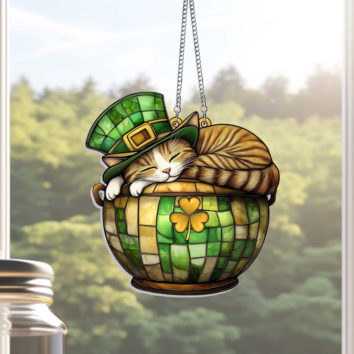 St. Patrick's Day Cat in Lucky Clover Pot Suncatcher Acrylic Hanging Sign MLN4770AS