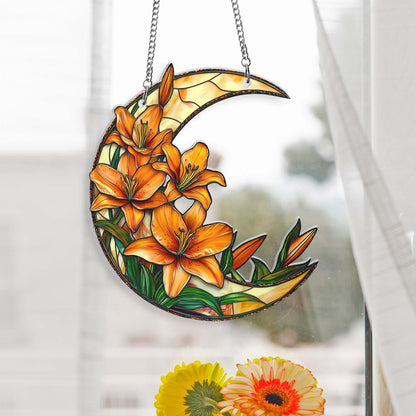 Lily Flower Acrylic Suncatcher, Crescent Moon with Lilies Suncatcher Window Hangings MLN5491HVN