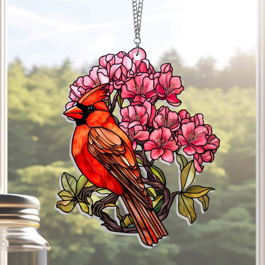 Cardinal and Rhododendron Flower Acrylic Suncatcher Hanging TPT2568AS