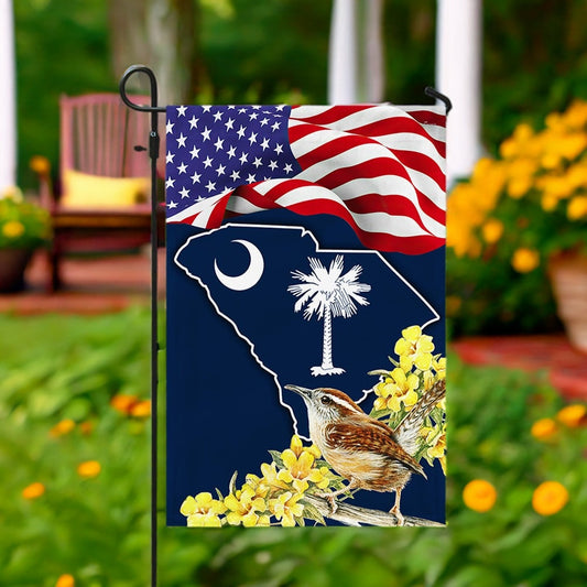 South Carolina With Carolina Wren Bird and Yellow Jessamine Flower, South Carolina Flag TPT811F