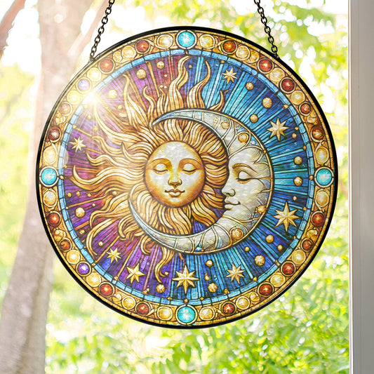 Moon Sun Stained Glass Suncatcher - Colorful Witchcraft Window Art, Handmade Celestial Hanging Ornament for Year-Round Spiritual Home Decor