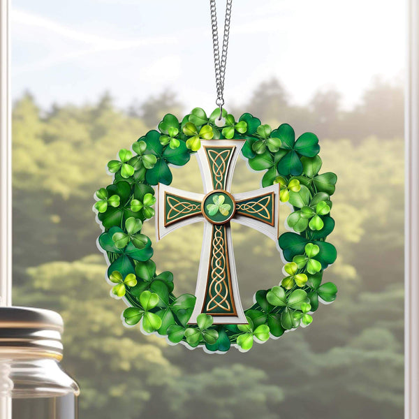 Christian Celtic Cross with Shamrock, Irish St. Patrick’s Day Suncatcher Acrylic Hanging TPT2506AS