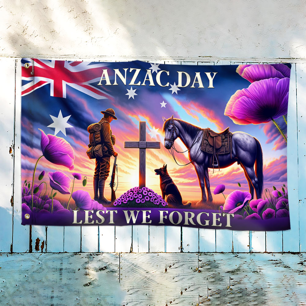 Anzac Day Australia Animals in War Purple Poppy Grommet Flag TQN2510GF