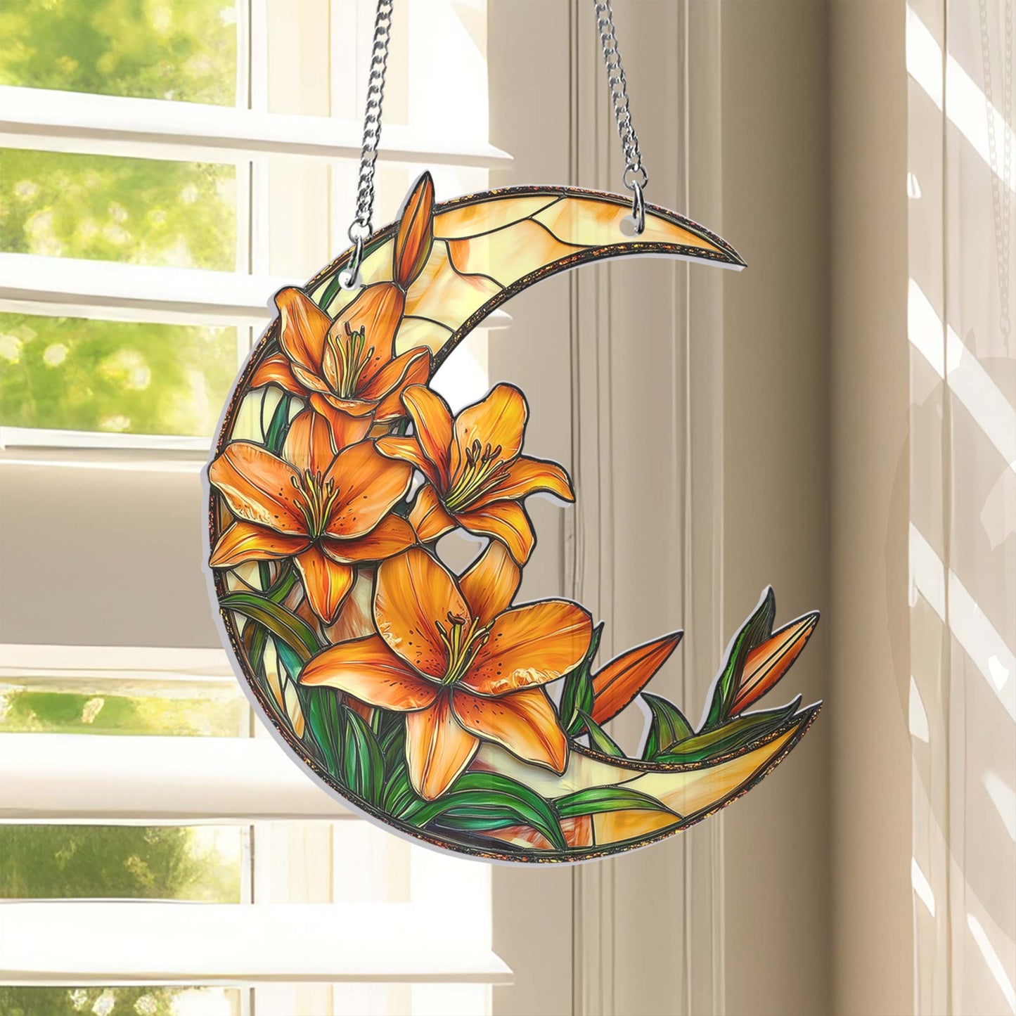 Lily Flower Acrylic Suncatcher, Crescent Moon with Lilies Suncatcher Window Hangings MLN5491HVN