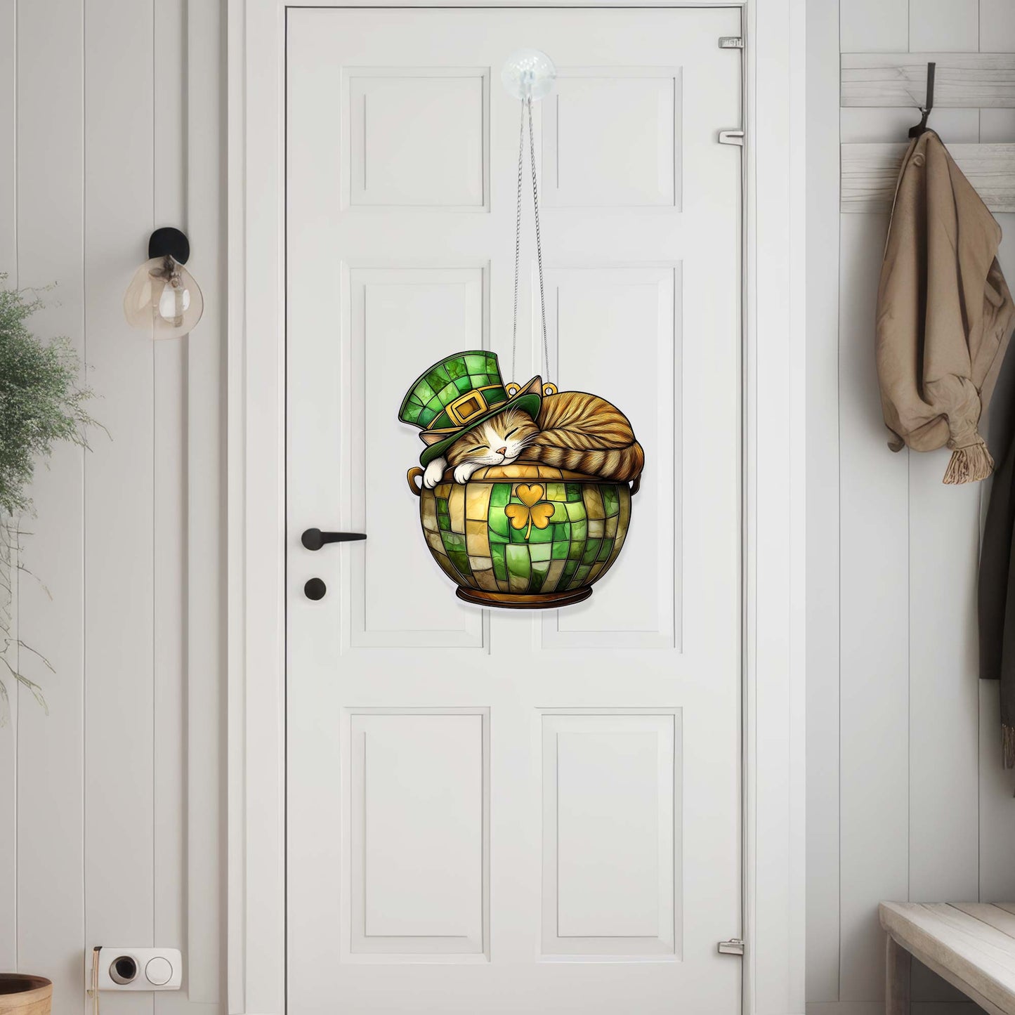 St. Patrick's Day Cat in Lucky Clover Pot Suncatcher Acrylic Hanging Sign MLN4770AS