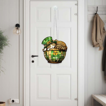St. Patrick's Day Cat in Lucky Clover Pot Suncatcher Acrylic Hanging Sign MLN4770AS