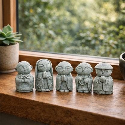 Handcrafted Stone Zen Jizo Statue Full Set