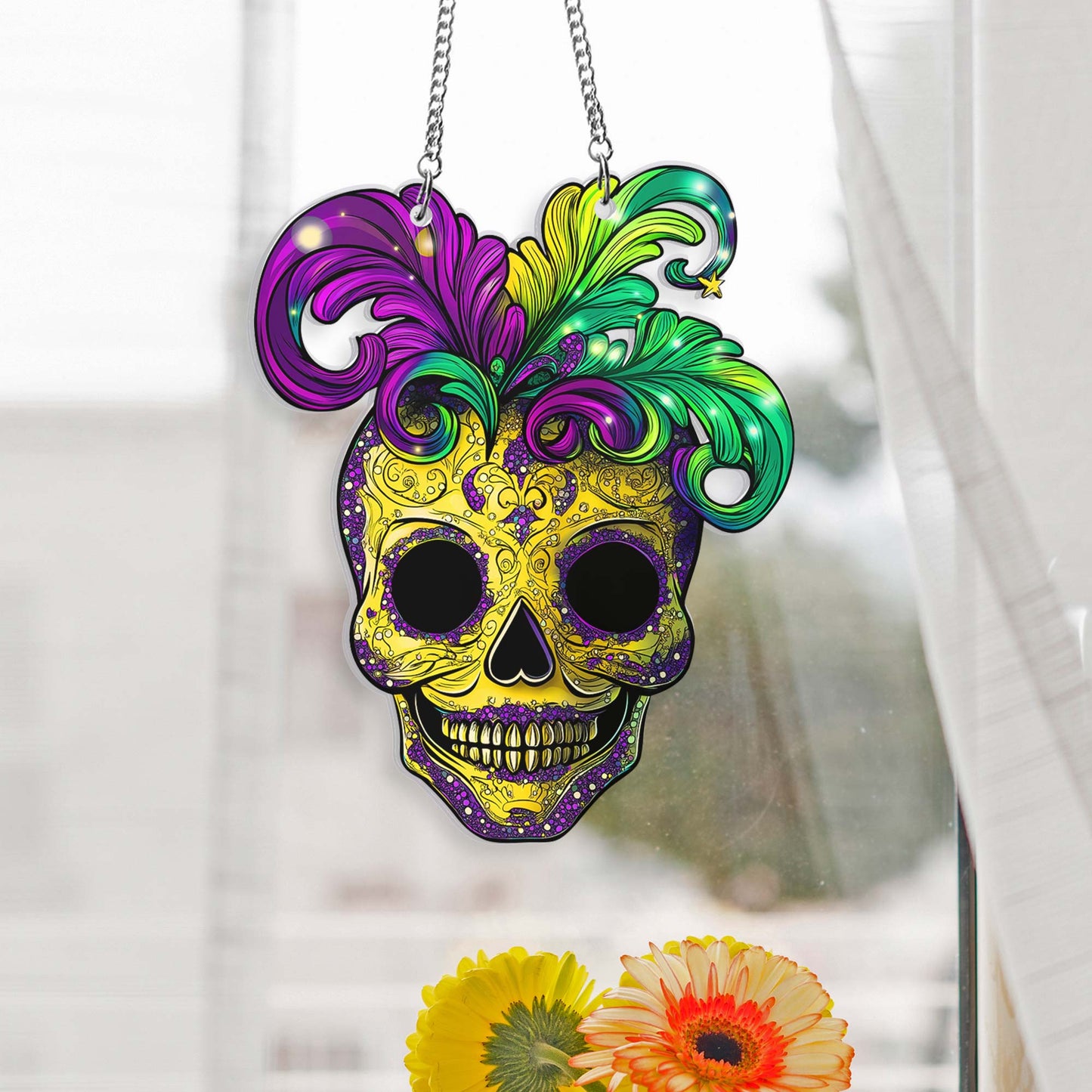 Mardi Gras Skull Suncatcher Acrylic Window Hanging Sign TQN4617AS