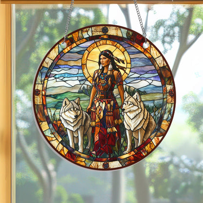 Native American Wolf Suncatcher Acrylic Hanging Sign TQN4674AS