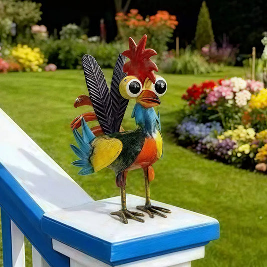 Quirky Big-Eyed Colorful Metal Rooster Statue for Garden & Home Decor