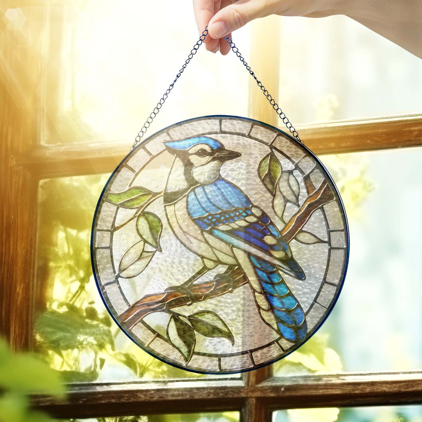Blue Jay Birdwatching Stained Glass Suncatcher TQN5087TTH