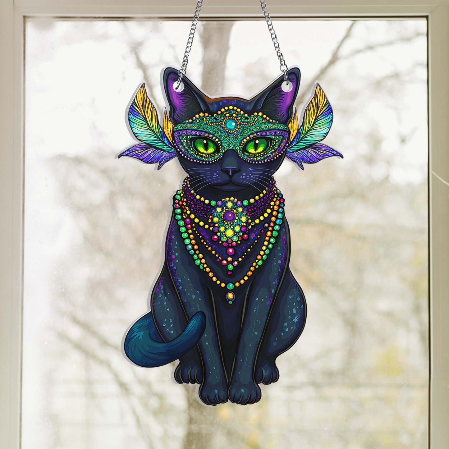 Black Cat Mardi Gras Suncatcher Acrylic Hanging Sign TQN4664AS