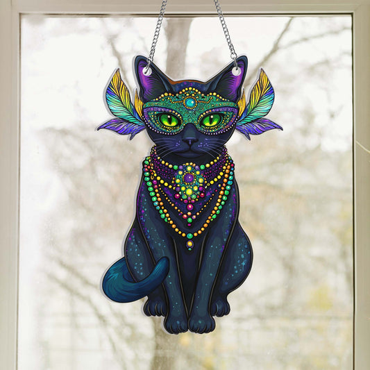 Black Cat Mardi Gras Suncatcher Acrylic Hanging Sign TQN4664AS
