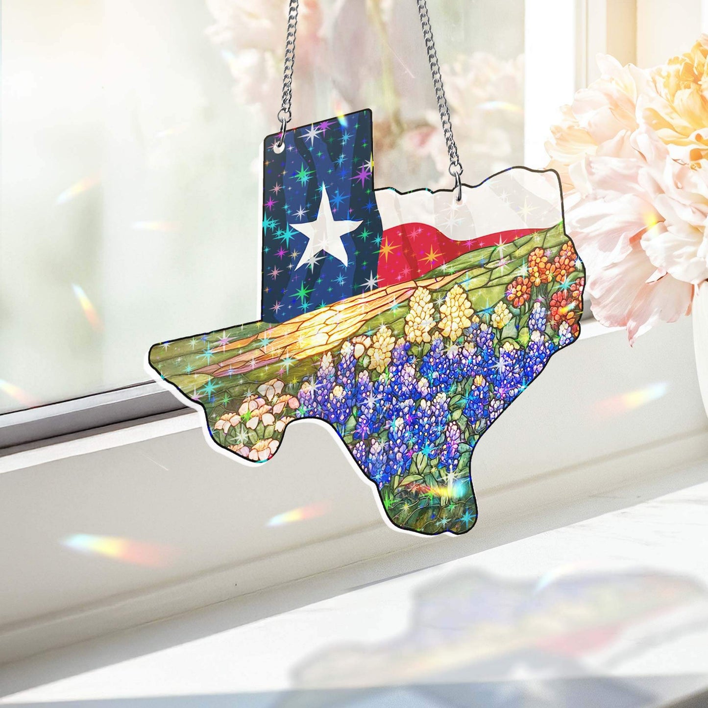 Texas Flag and Bluebonnets Flower Hologram Window Hanging VTM1526TNB