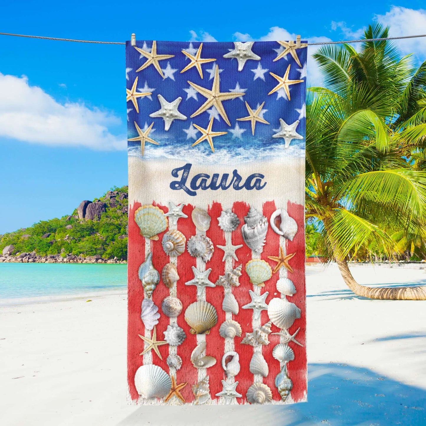 Personalized Patriotic Summer Beach Starfish American Beach Towel VTM1348NTH