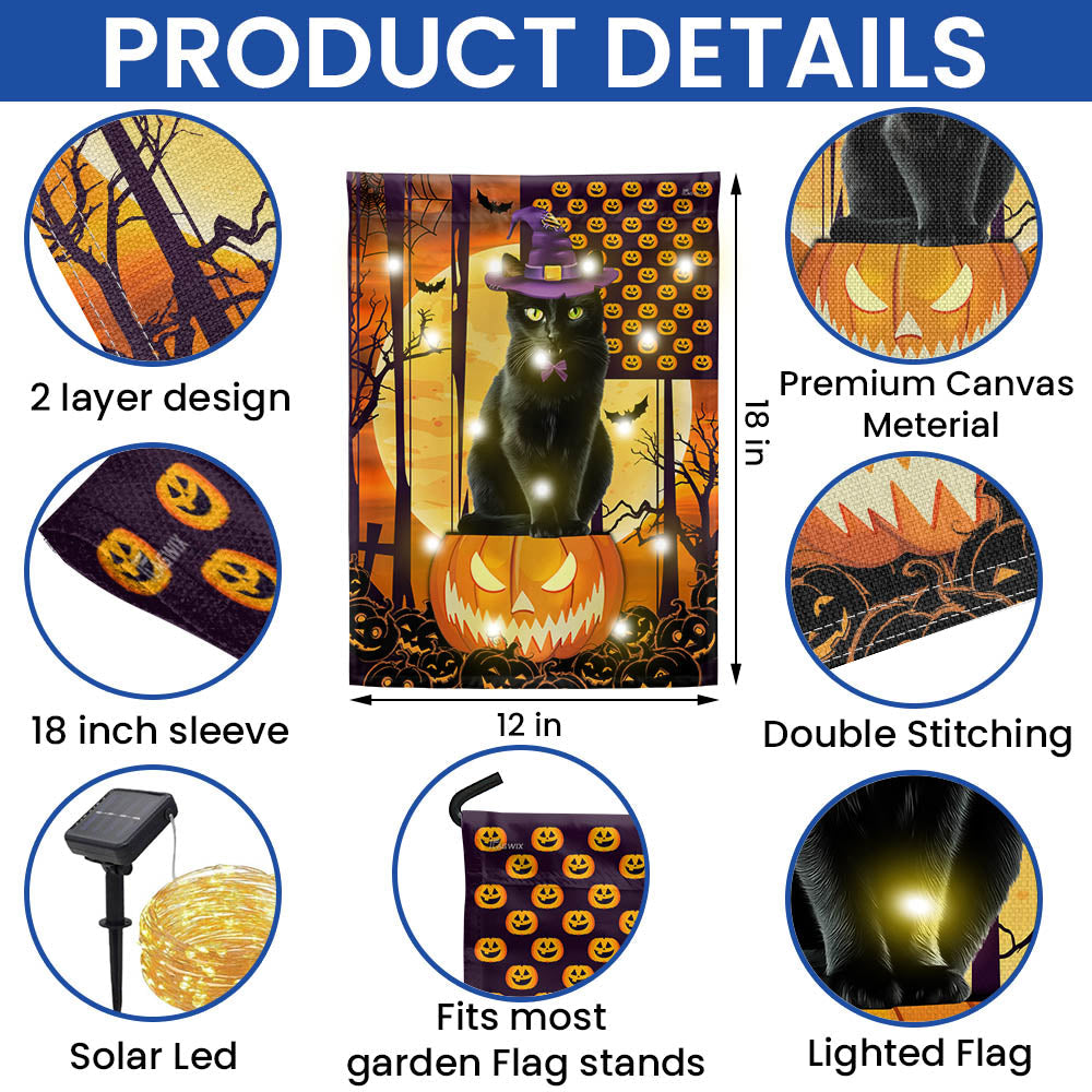 Black Cat Halloween Solar LED Garden Flag - Fall Flag