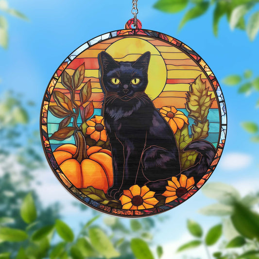 Black Cat Halloween 2 Layered Hanging Suncatcher MLN3946WH
