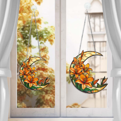 Lily Flower Acrylic Suncatcher, Crescent Moon with Lilies Suncatcher Window Hangings MLN5491HVN