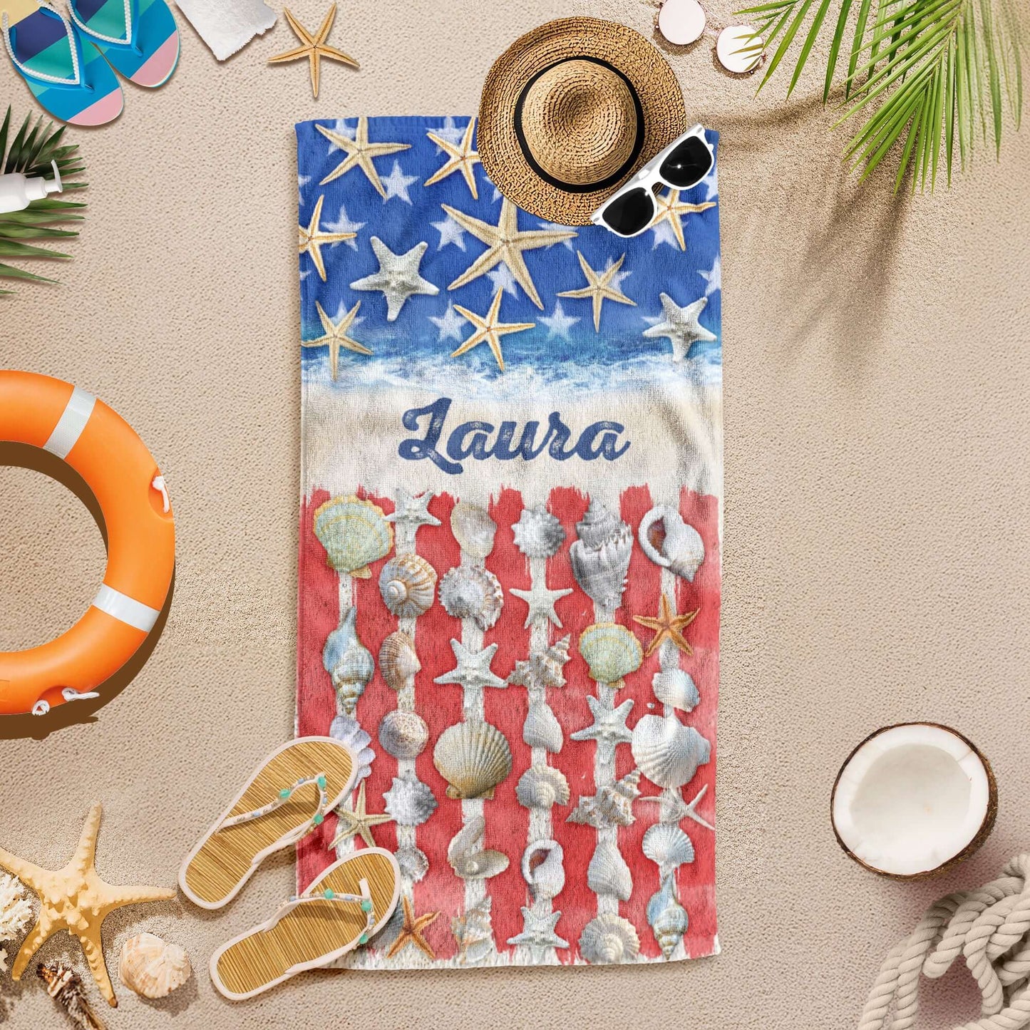Personalized Patriotic Summer Beach Starfish American Beach Towel VTM1348NTH